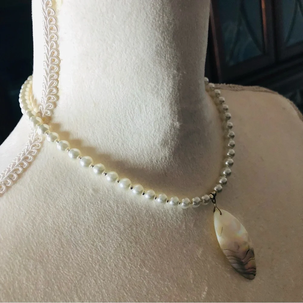 Handcrafted repurpose genuine elegant shell pendant Czech glass Pearl necklace
